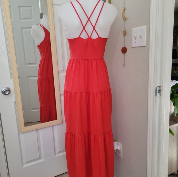 LOFT Petites Multi Tiered Strappy Maxi Dress 10P Like New Flowy Coral Lobster - Picture 2 of 14